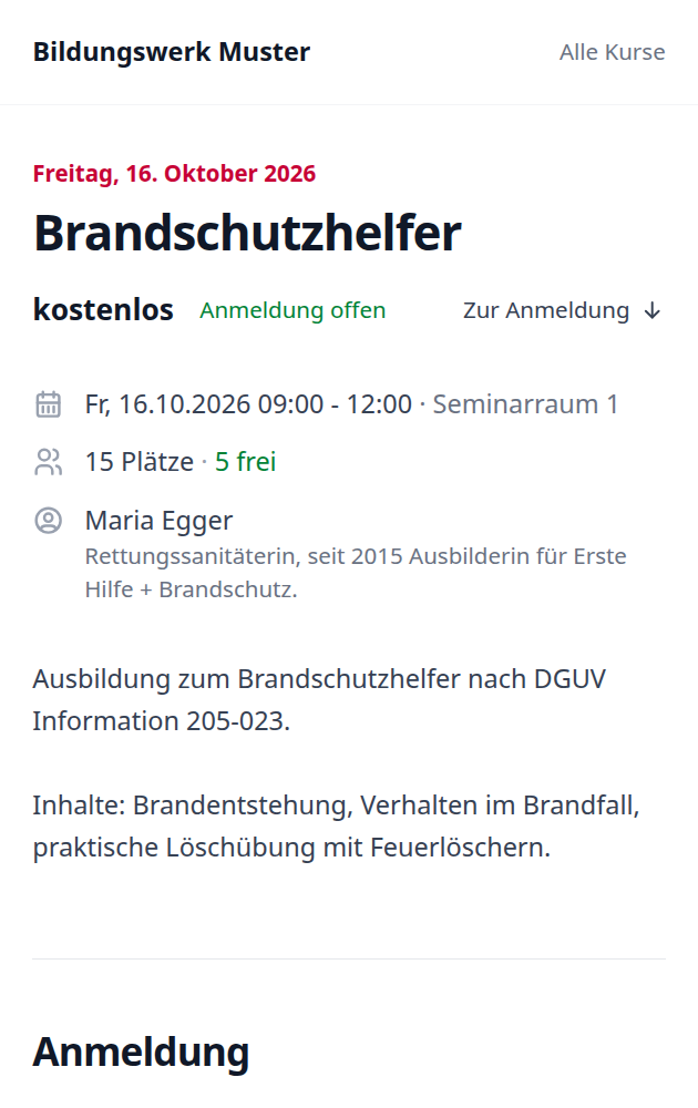Öffentliche Kursseite mit Anmeldeformular auf dem Handy