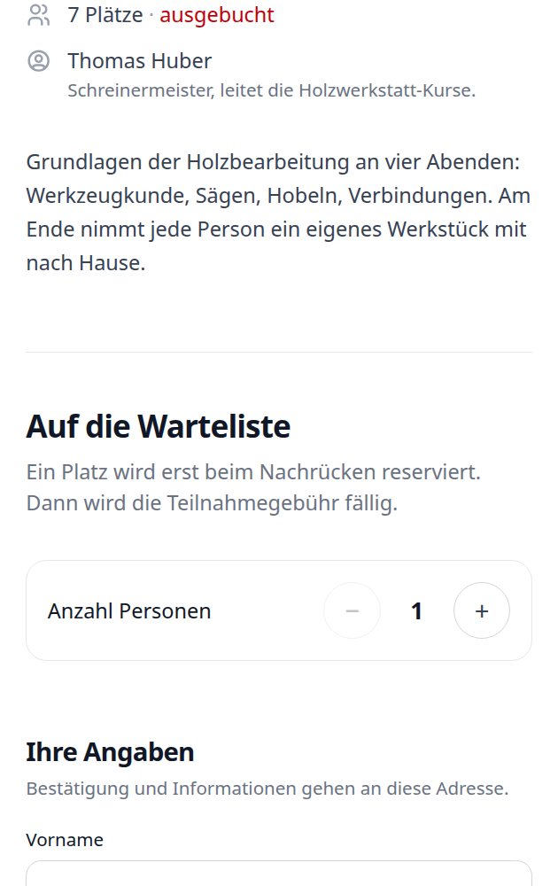Kursseite mit Hinweis Warteliste auf dem Handy
